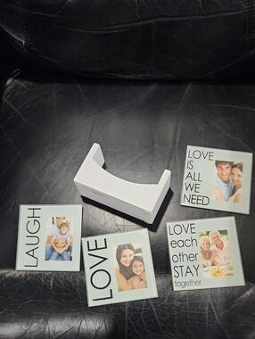 Glass Photo Coaster Set with Inspirational Words - White